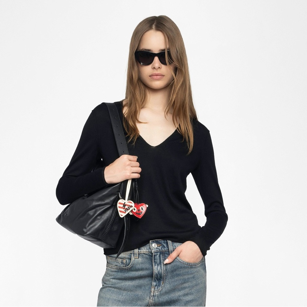 ZADIG & VOLTAIRE black wool v-neck sweater with angel wings detail, size medium